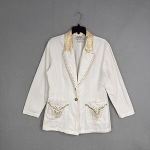 Vintage D. Frank Blazer Womens 10 White Western Studded Embroidered USA Gold